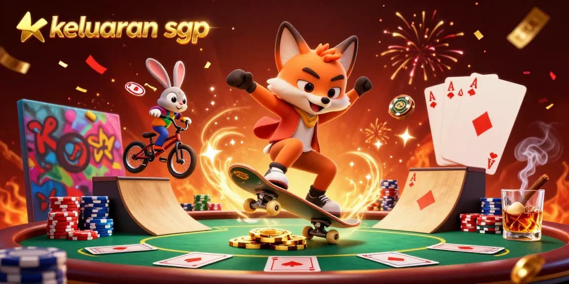 Engaging keluaran sgp image featuring a skateboarder fox and BMX rabbit in a dynamic, festive casino scene.