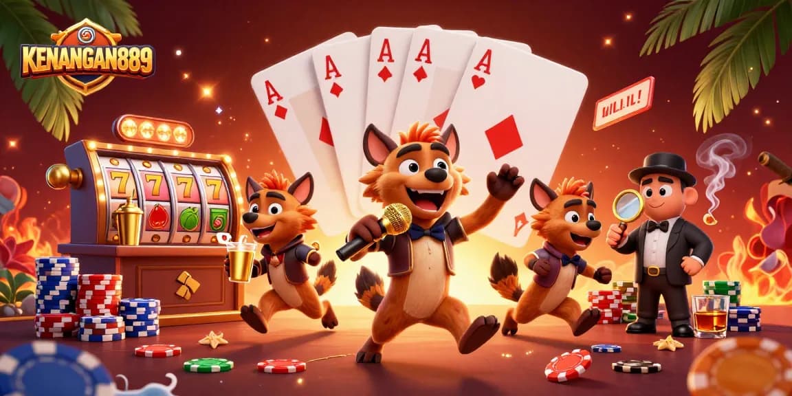 Play slots at KENANGAN889 with hyenas running a comedy casino club under bright lights.