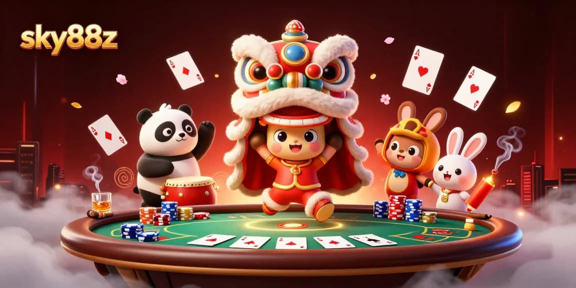 Experience thrilling gameplay at sky88z with a vibrant 3D casino scene filled with poker elements.