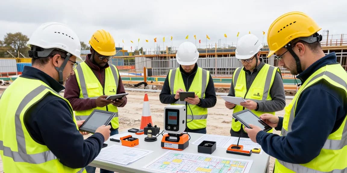 GPR Utility surveys London being performed by a professional surveying team at a construction site highlighting advanced equipment and teamwork.