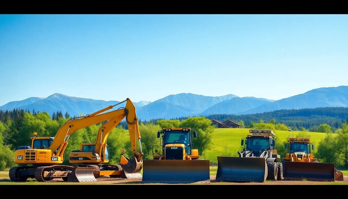 Spotlight on Columbia Falls equipment rental showcasing excavators and bulldozers in a scenic landscape.