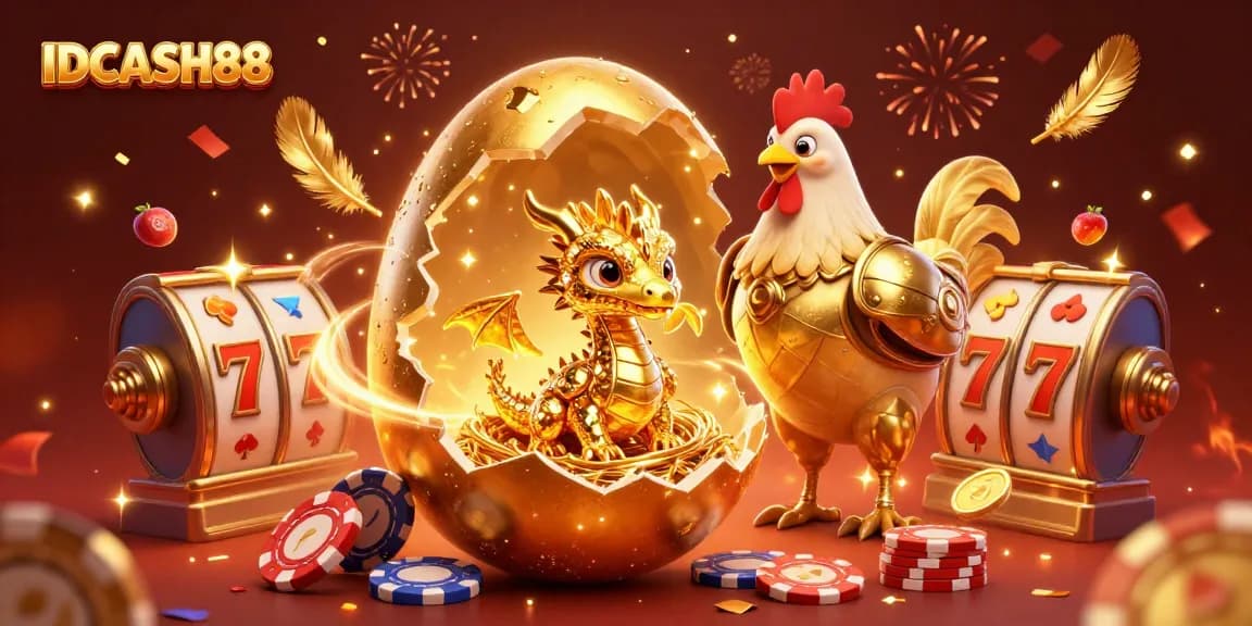 Experience excitement at IDCASH88 with a golden dragon amidst slot reels and festive decorations.