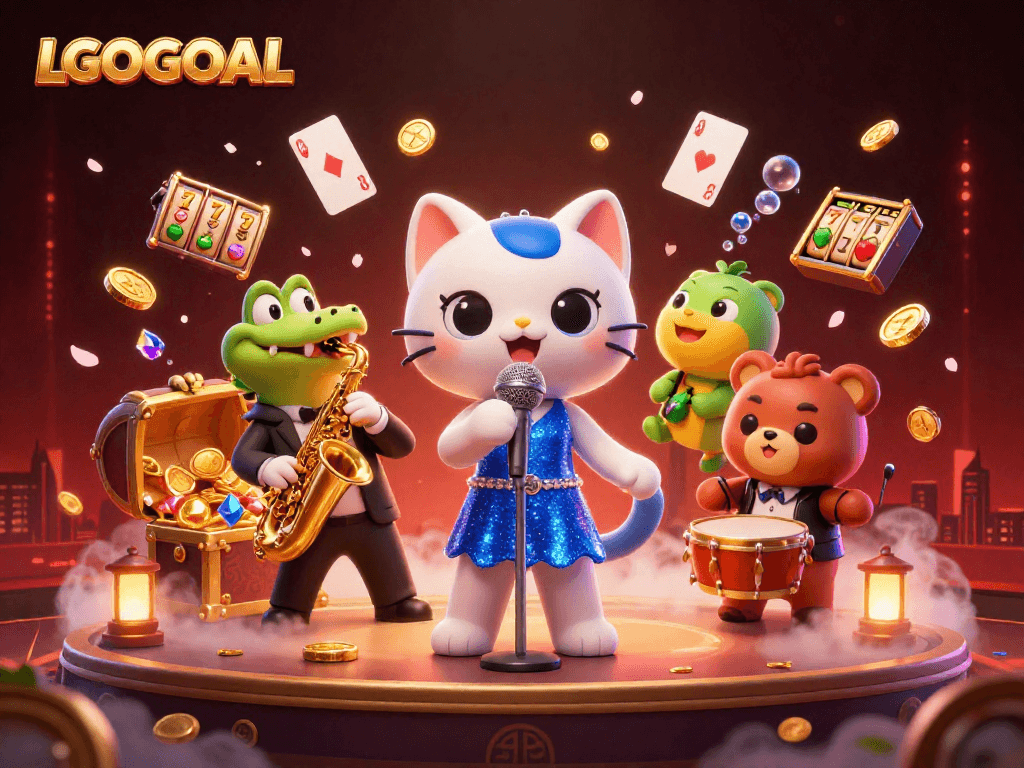 Enjoy thrilling games at LGOGOAL with lively characters amidst gold treasures and slot reels!