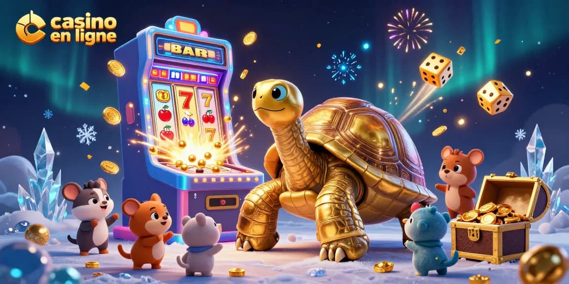 Profitez des jeux de casino en ligne avec une tortue géante et des animations colorées.