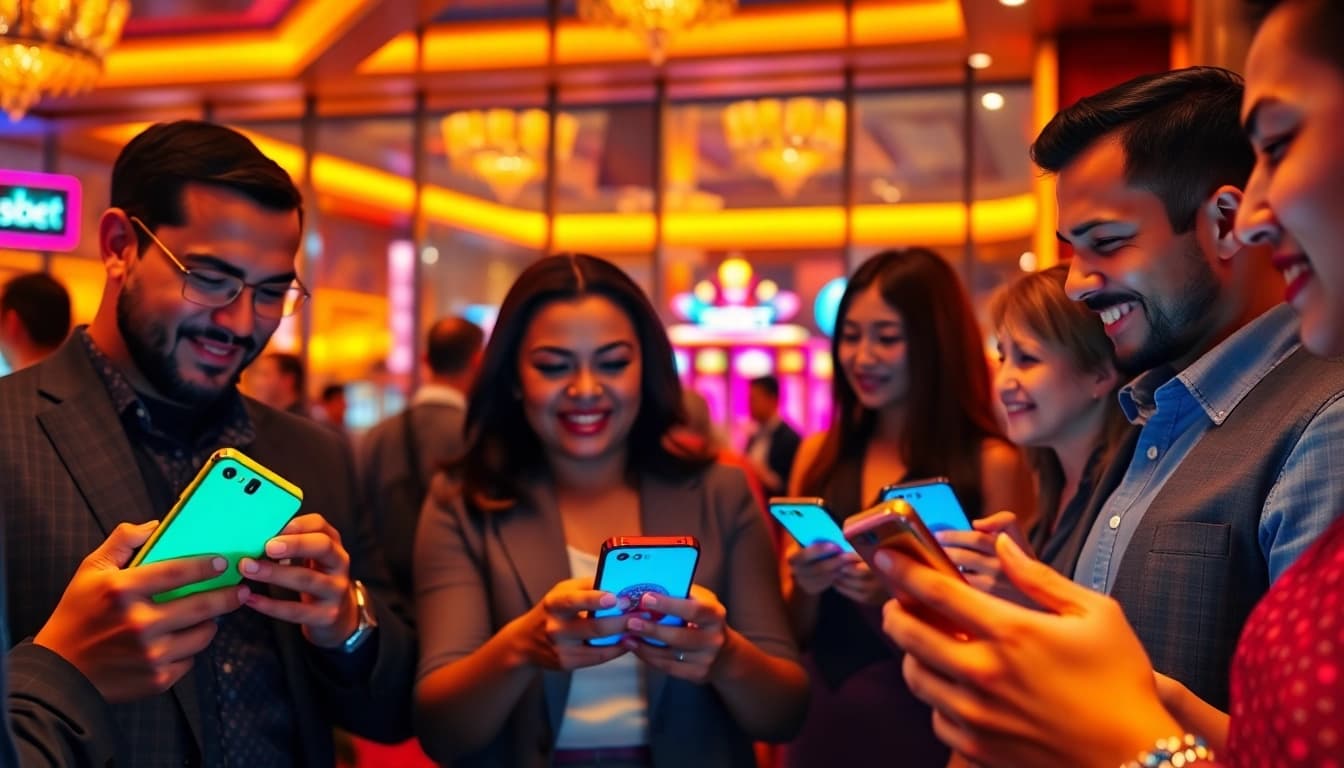 Bermain sbobet mobile di kasino, dengan pengguna yang bersemangat dan suasana penuh warna.