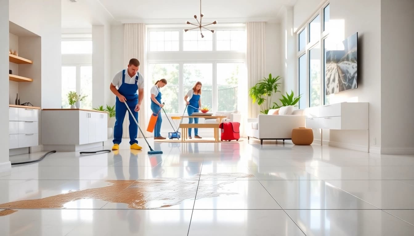 Team performing bond cleaning in a bright home, emphasizing thoroughness and professionalism.
