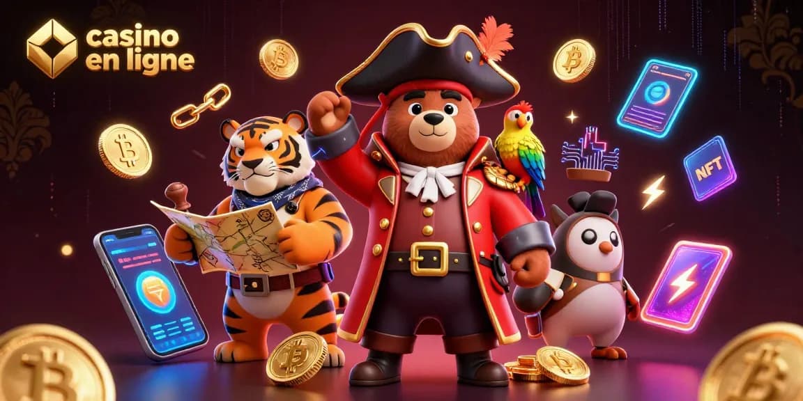 Jouez à un casino en ligne avec un ours pirate à la navigation, un tigre et des crypto-monnaies scintillantes.