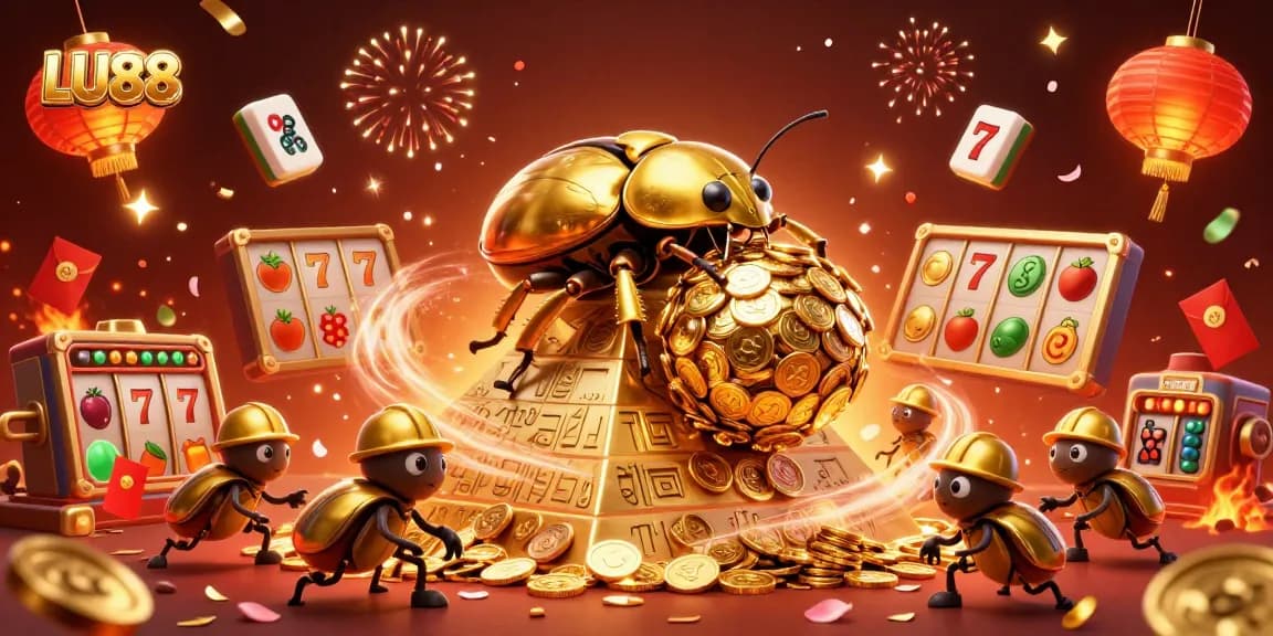 LU88 showcases a golden beetle rolling coins in an exciting casino-themed illustration.