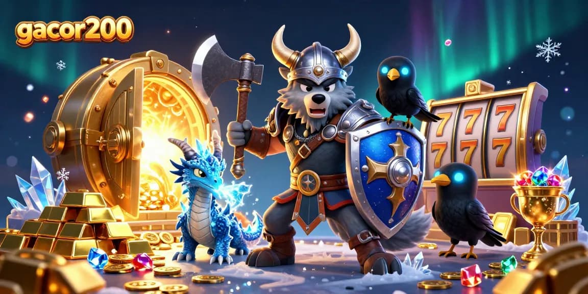 Mainkan gacor200 dengan karakter Viking dan harta karun yang menarik dalam ilustrasi kasino 3D.