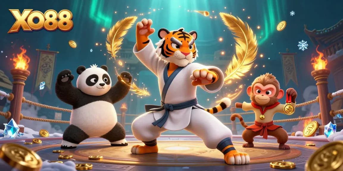Engage in thrilling gaming action at XO88 with a kung fu tiger and playful monkey in a dynamic casino scene.