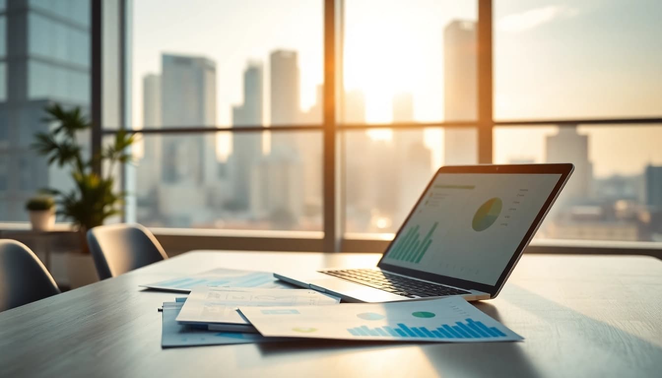 Visual representation of business energy prices trends with charts and energy reports in a professional office.