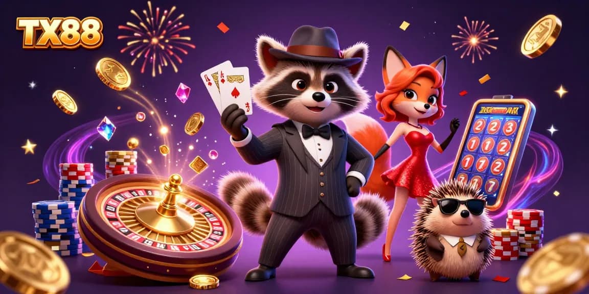 Engage in thrilling wins at TX88 with a suave raccoon and his fox companion in a vibrant casino scene.
