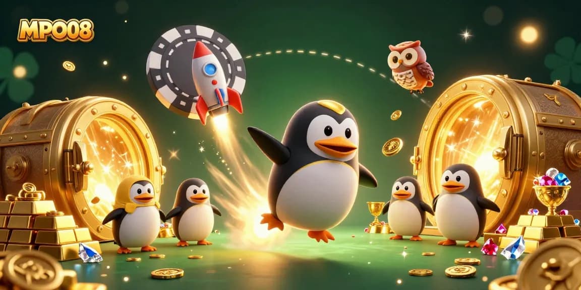 MPO08 showcases a golden penguin and poker chip casino, capturing the thrill of online gaming.