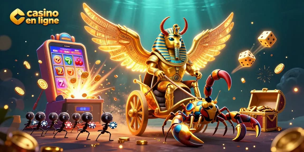 Illustration dynamique de casino en ligne avec un scarabée doré, un chariot et des éléments de jeu captivants.