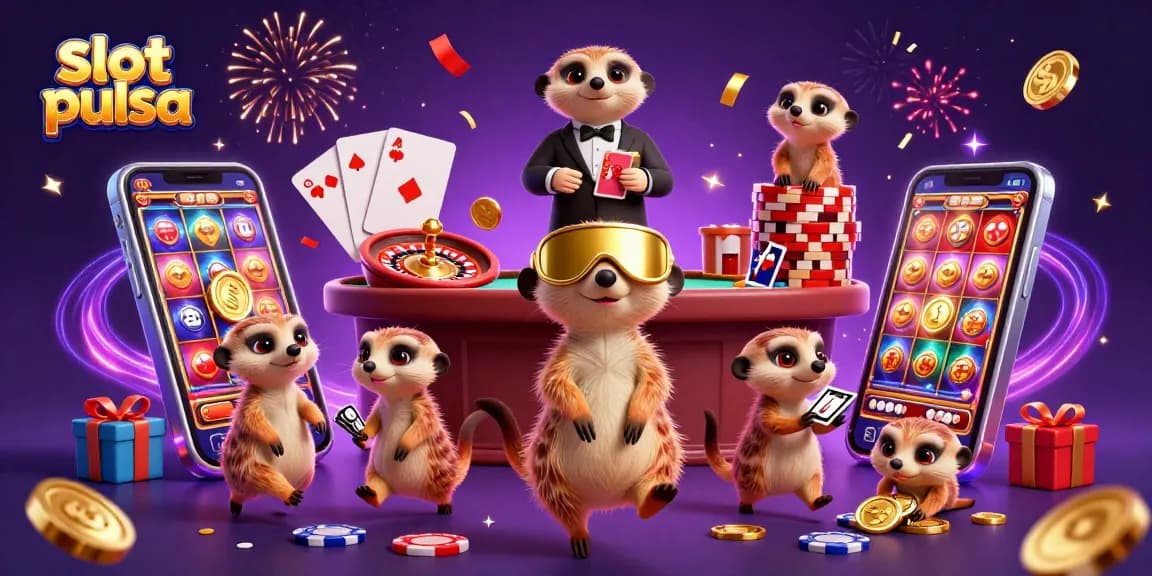 Experience exciting slot pulsa gameplay with lively meerkats and dynamic casino elements.
