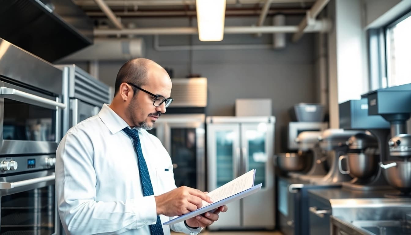 Evaluating restaurant machinery as a qualified Restaurant Equipment Appraiser in a well-lit office.