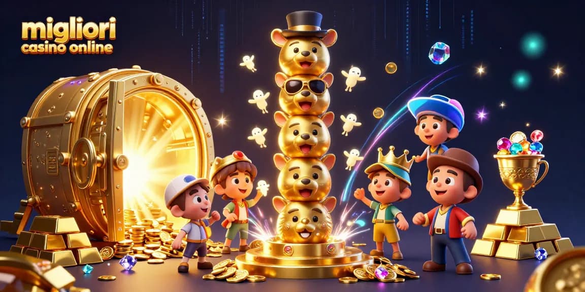 Gioca nei migliori casino online con il totem d'oro e tesori scintillanti in un'illustrazione 3D vibrante.