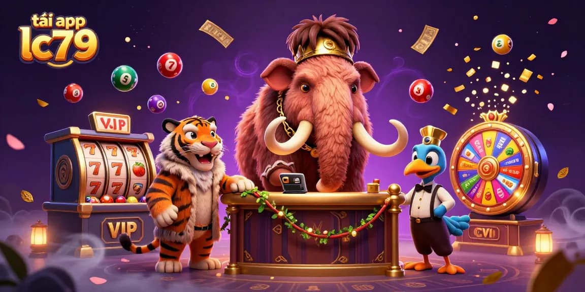 Khám phá tải app lc79 với bouncer mammoth, VIP saber-tooth và doorman dodo trong cảnh 3D sôi động.