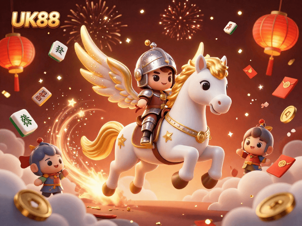 Experience thrilling gameplay with UK88, as the celestial horse and knight race through a vibrant casino world.