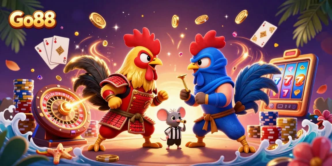 Go88 features dynamic twin cartoon fighting roosters in a high-stakes gambling showdown.