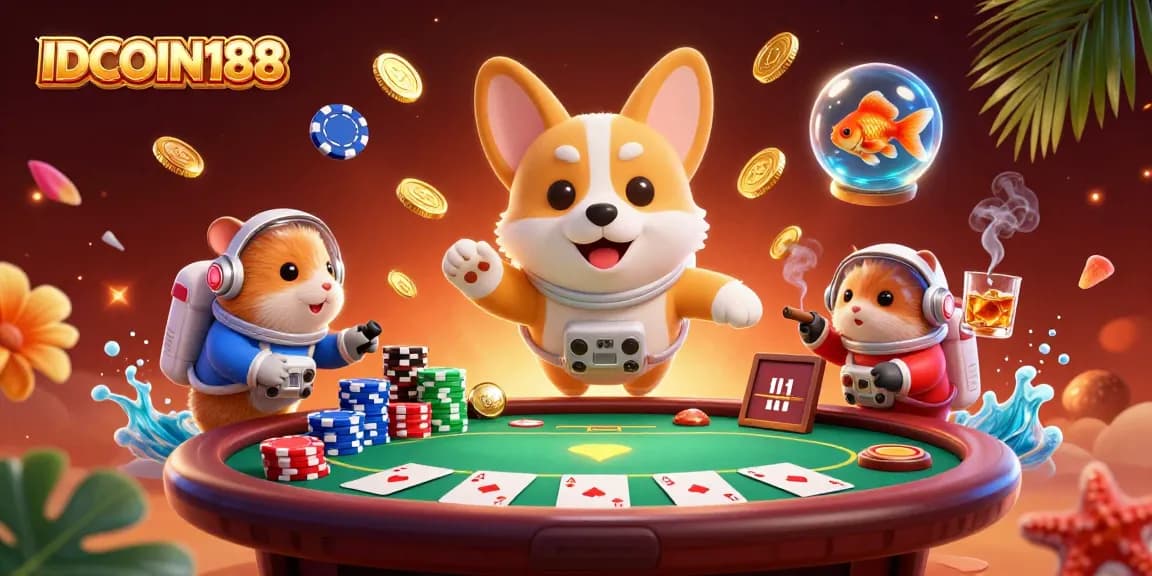 Engaging scene of IDCOIN188 with a floating corgi astronaut managing poker chips in a vibrant space casino.