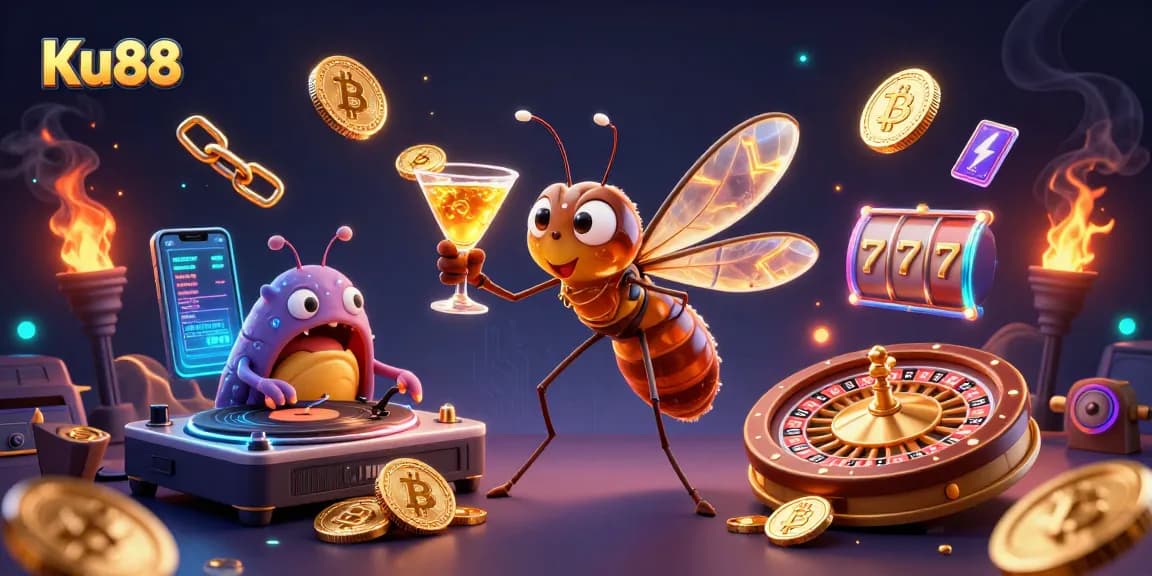 Experience gameplay excitement with Ku88's dynamic casino scene featuring vibrant characters and crypto elements.