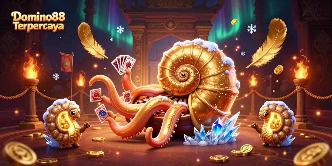Engage with Domino88 Terpercaya in a 3D casino scene featuring vibrant game elements and characters.