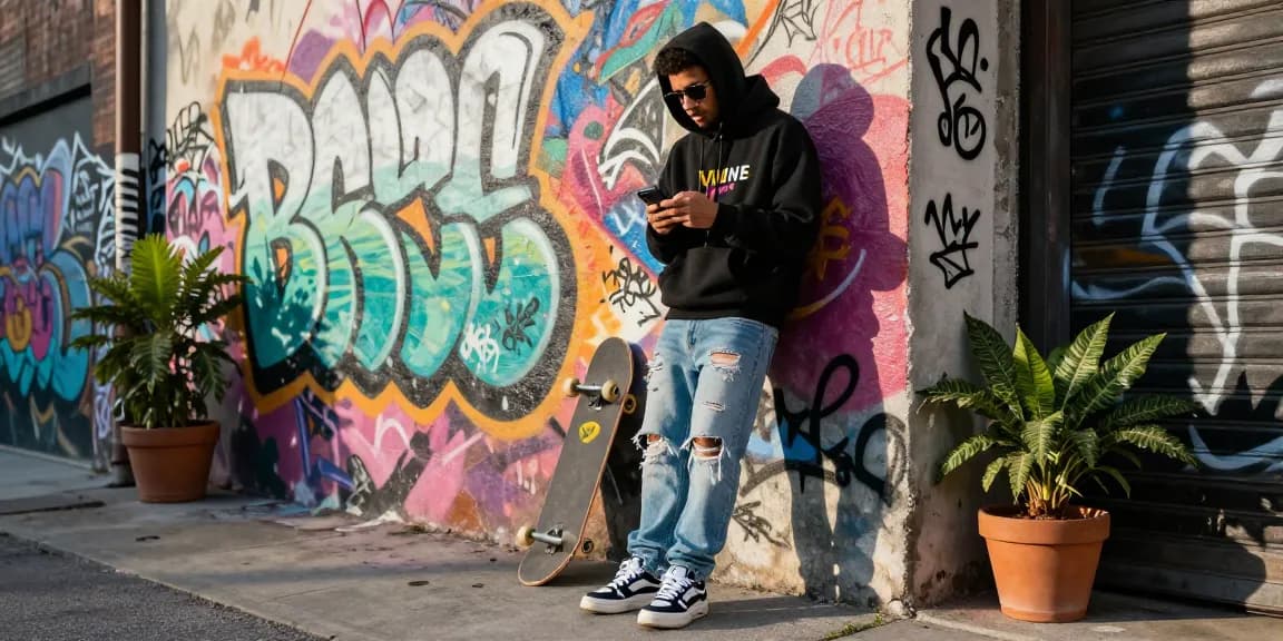 Stylish urban fashion model in a Vlone hoodie in vibrant alleyway, showcasing street culture.
