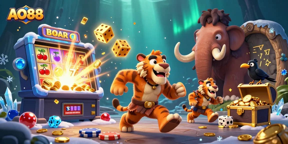 Experience thrilling wins at AO88 with cartoon characters in a vibrant casino scene full of exciting games.