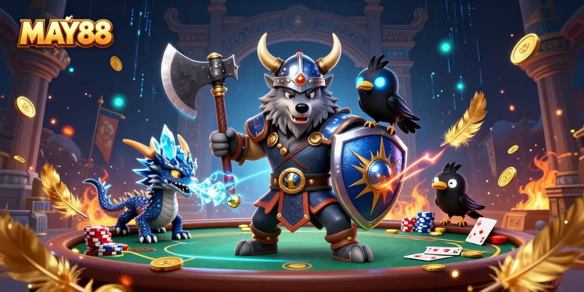 Engage with MAY88's immersive casino experience featuring a Viking warrior and dragon amidst poker action.