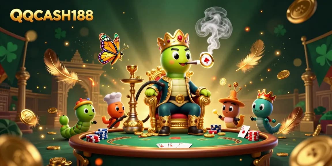 Engage with QQCASH188's vibrant poker showdown featuring whimsical characters and golden treasures bursting from every corner.