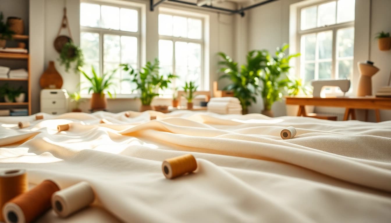 Ontdek ongebleekt katoen in een stijlvolle naaiateliersetting, vol natuurlijke materialen.