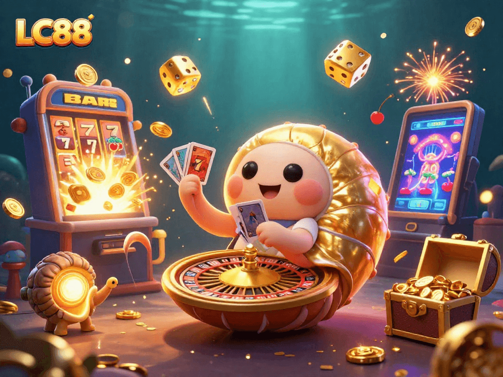 Engage in thrilling games at LC88 with a vibrant casino scene featuring dynamic characters and exciting elements.