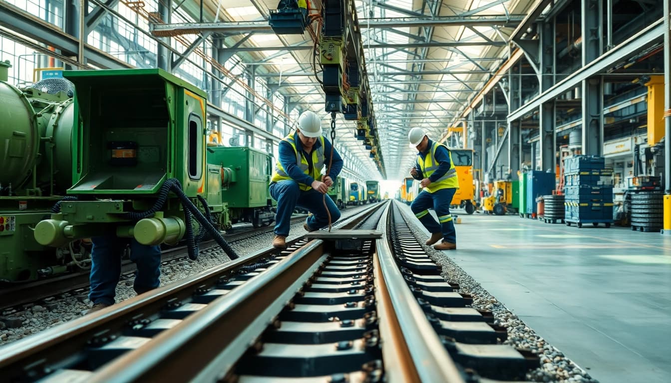 Illustration of Emergency Railroad Repair Services executing urgent repairs on train tracks.