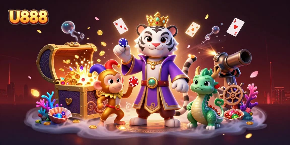 Experience the vibrant U888 gaming landscape featuring dynamic characters in a rich casino scene.