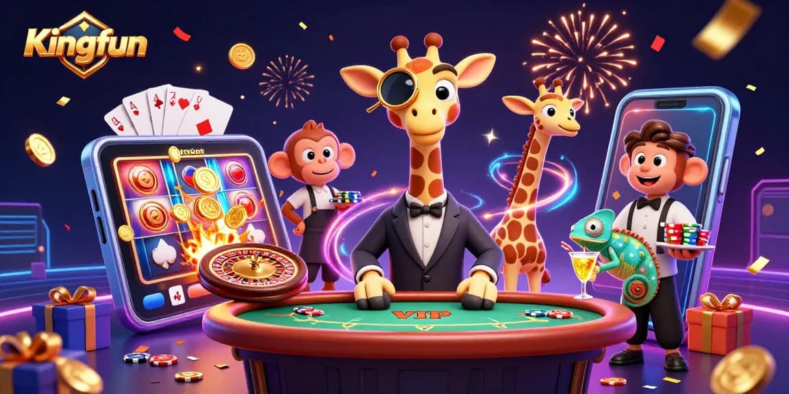 Experience Kingfun with a lively casino scene featuring a high-roller giraffe and engaging game elements.