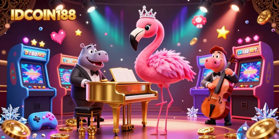 IDCOIN188 offers a vibrant gambling experience, featuring animated characters in a lively casino scene.