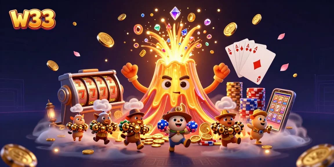 Experience the thrill of w33 pokies with 3D slots and treasures erupting from a volcanic scene.