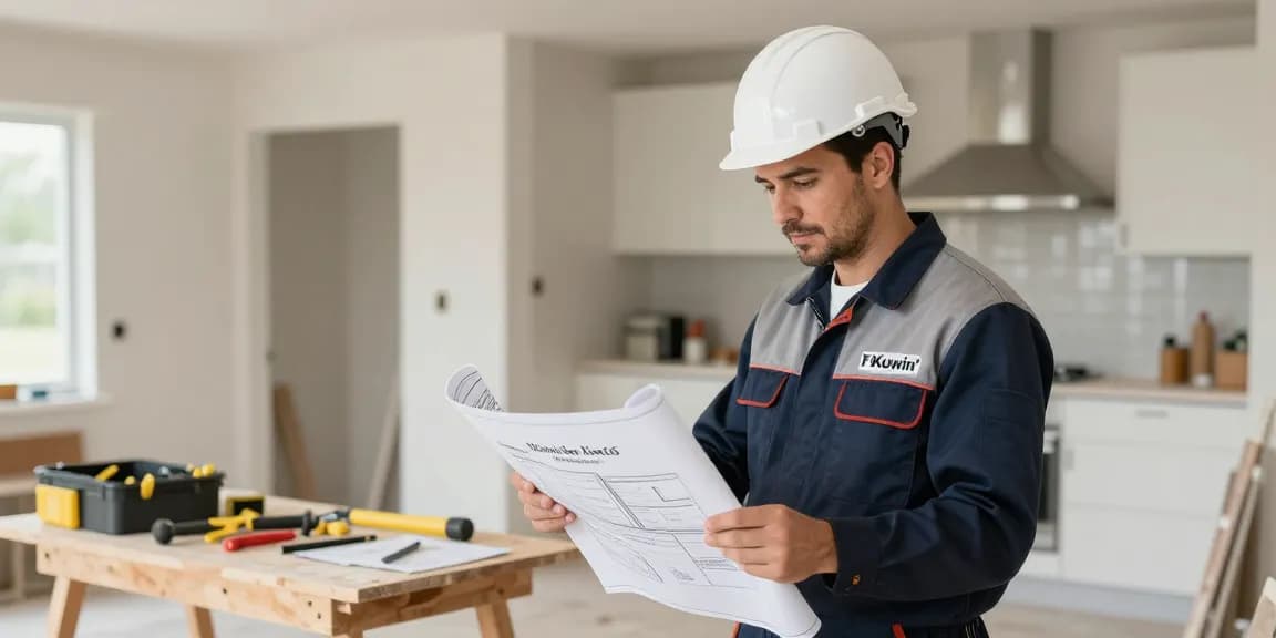 Kuwin trusted provider reviewing blueprints at a home renovation site.
