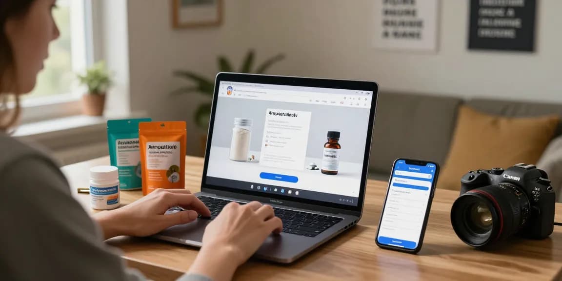 A person shopping for amphetamine online in the UK, showcasing a cozy home office setup for secure purchases.