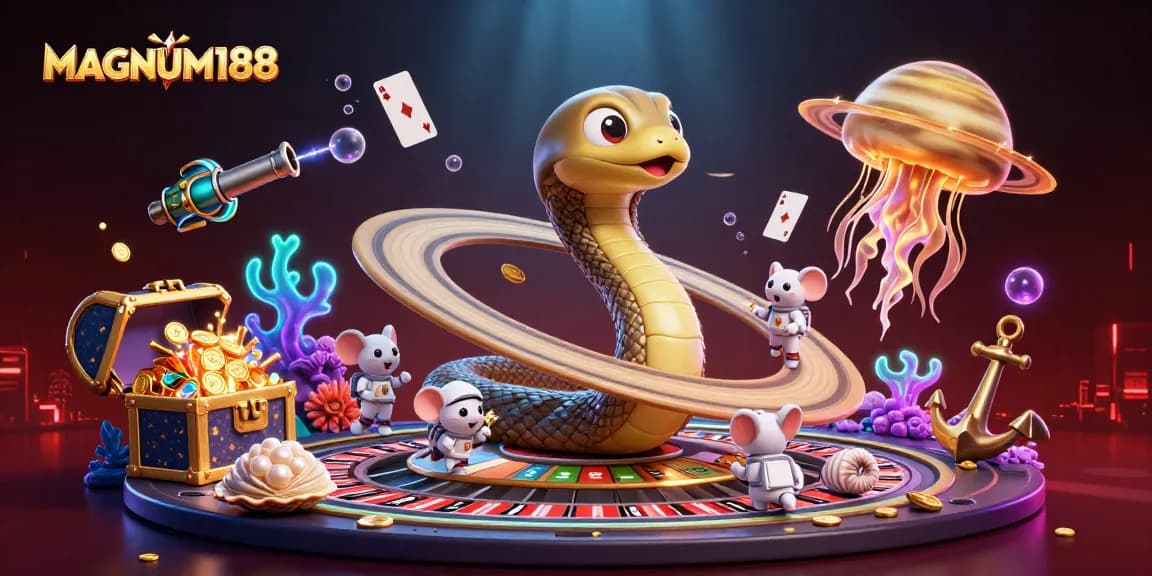 Bet on excitement with MAGNUM188 in a cosmic gambling scene featuring cartoon characters and vibrant elements.