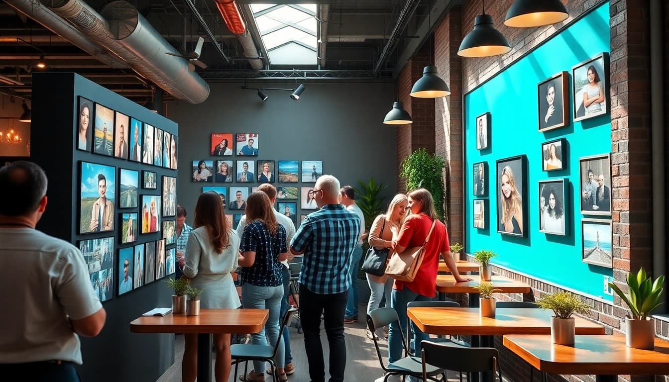 Engage with an interactive photo wall featuring vibrant images in a lively café setting.