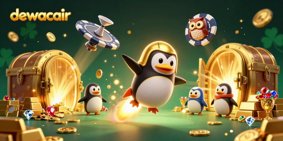 Experience thrilling slots at dewacair with a dazzling illustration of a penguin racing towards a golden casino.
