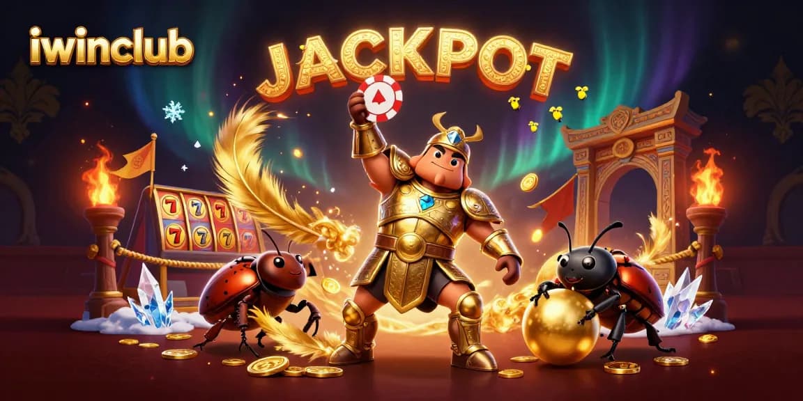 iwinclub welcomes lucky players with a dynamic casino-themed illustration featuring a champion beetle.