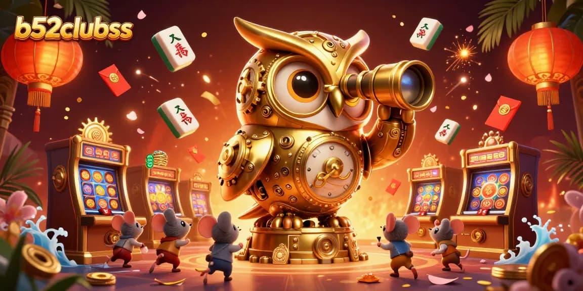 Experience casino excitement with b52clubss as a clockwork owl oversees lively games.