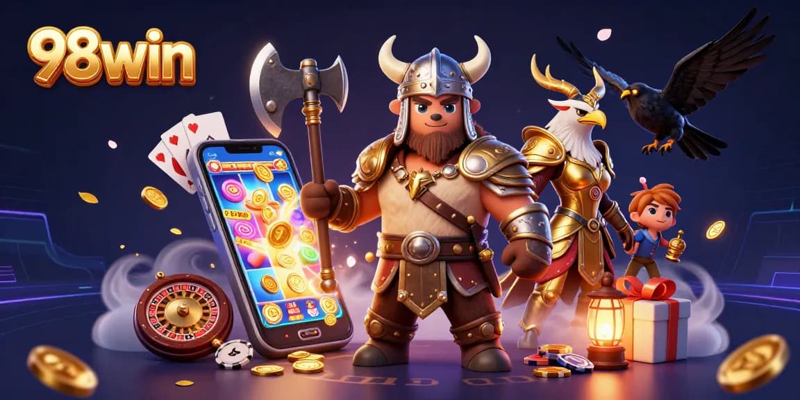 Join the action at 98win with a Viking bear and Valkyrie eagle in a vibrant casino adventure.