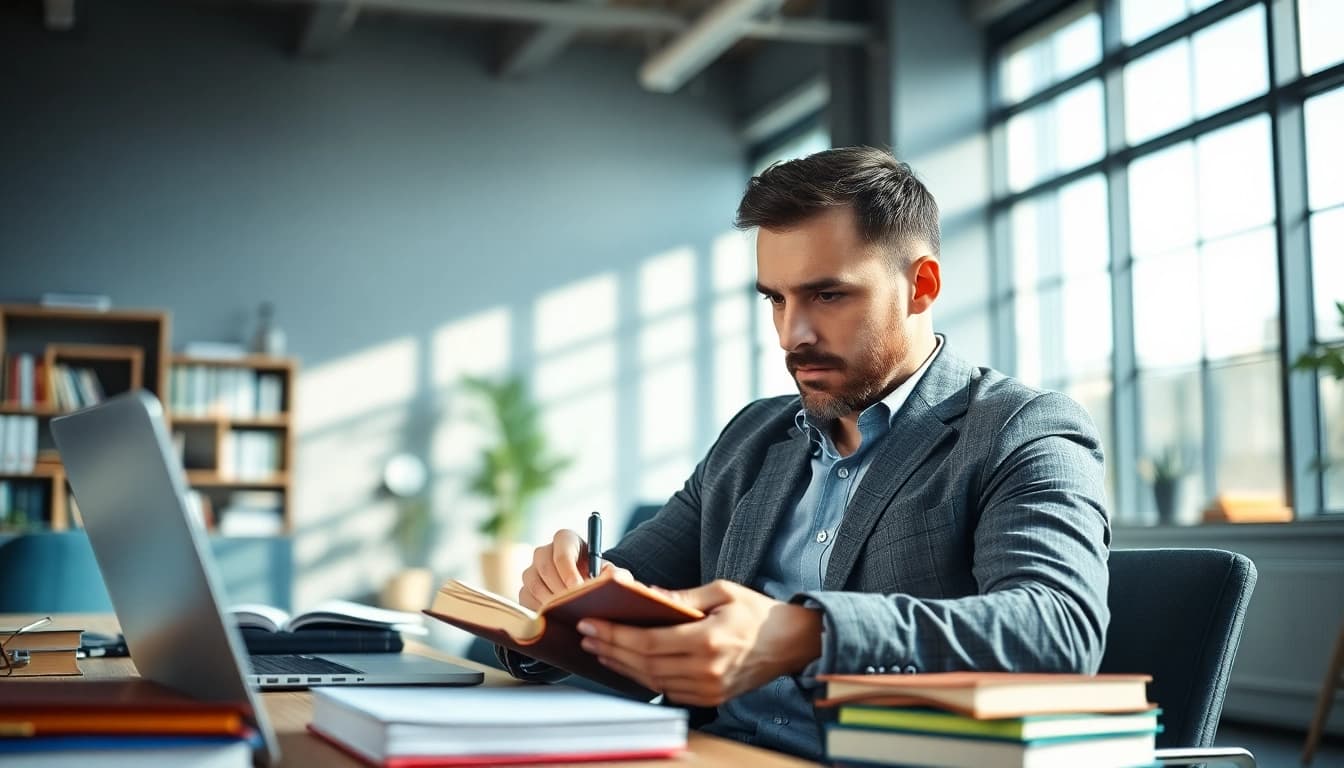 Actieve man van mannenvisie.nl die in een moderne kantooromgeving schrijft in zijn notitieboek.