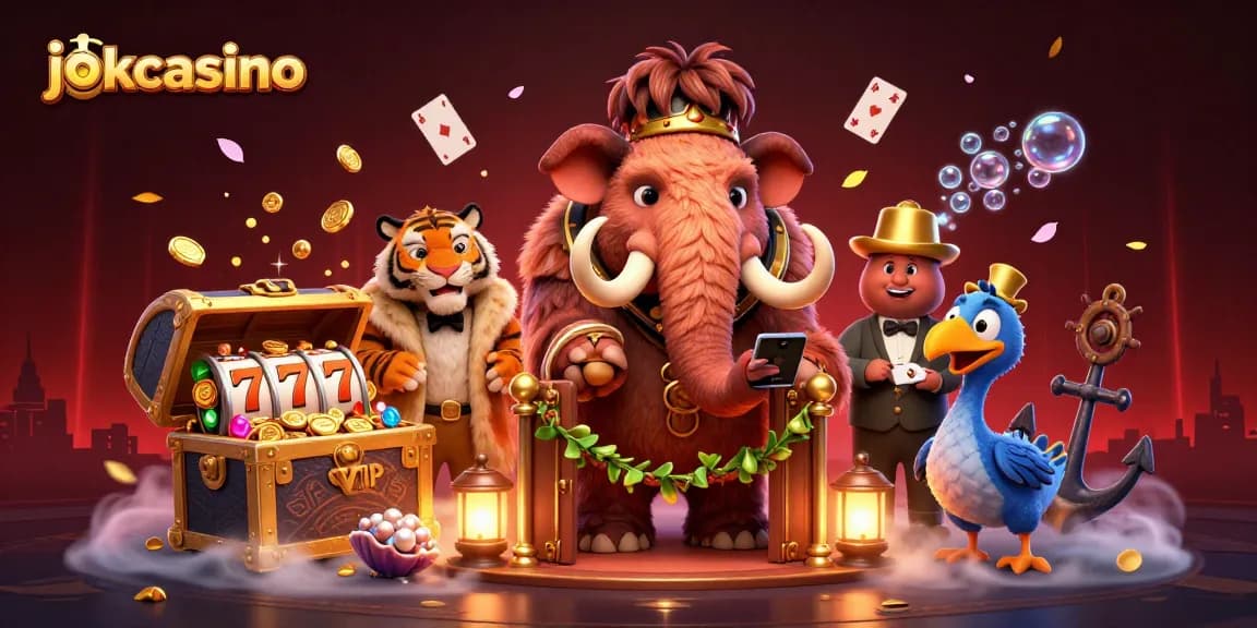Experience the vibrant world of jokacasino with a woolly mammoth bouncer, slot reels, and dazzling gems.