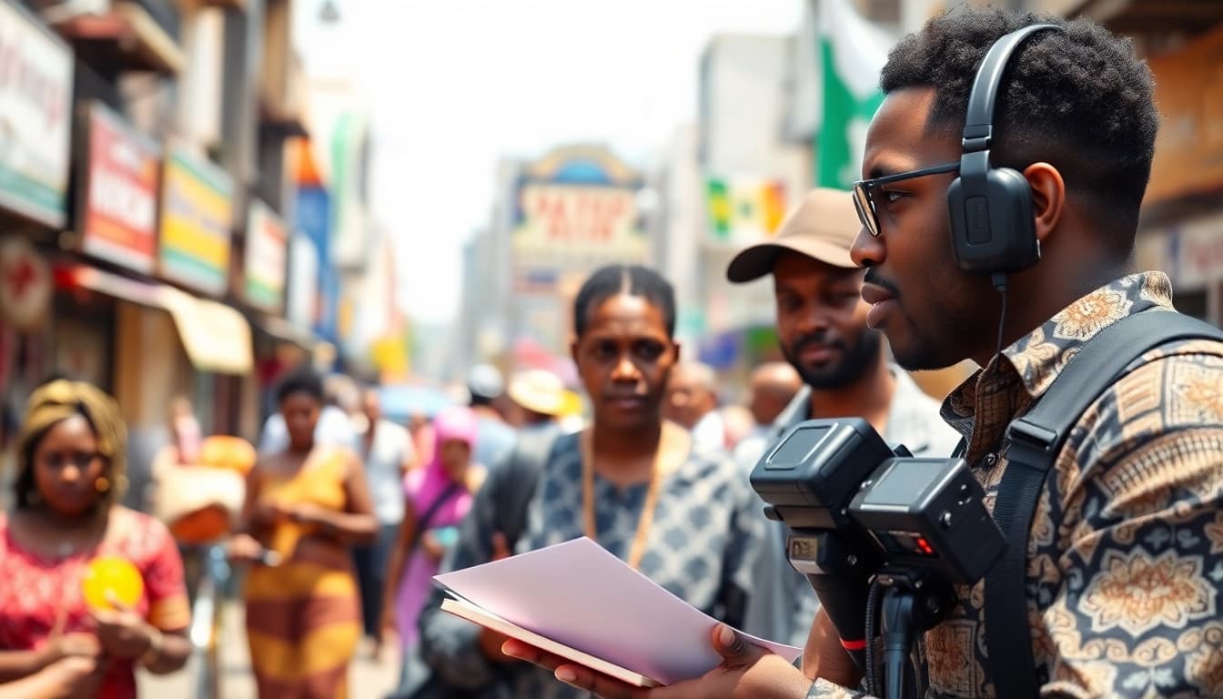 Captivating scene of journalist covering Naija news, highlighting urban life and community interactions.