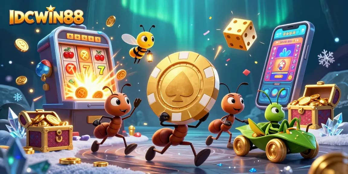 Join the excitement at IDCWIN88 as ants joyfully carry a giant poker chip through a vibrant casino world.